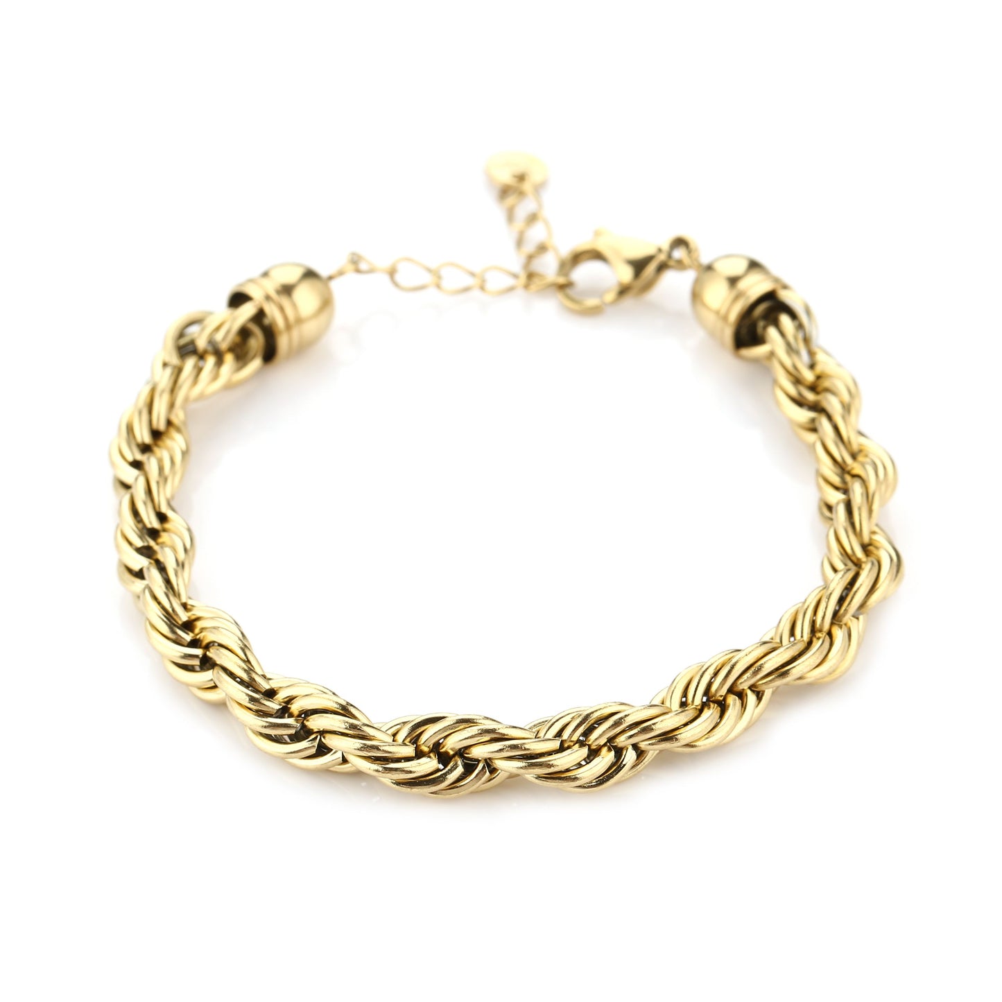 Introducing the CANAL STREET BRACELET by Glennies Jewelry: An exquisite 18K gold rope chain bracelet featuring a lobster clasp and an extension chain. Its twisted design enhances its lustrous shine, offering a luxurious look that exudes both elegance and timelessness.