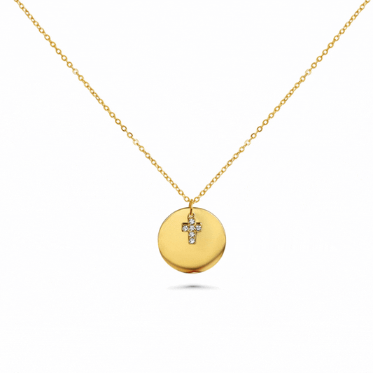 Engraved necklace with round cross rhinestones pendant