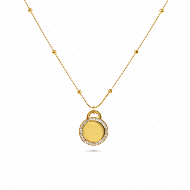 Engraved necklace with round rhinestone charm
