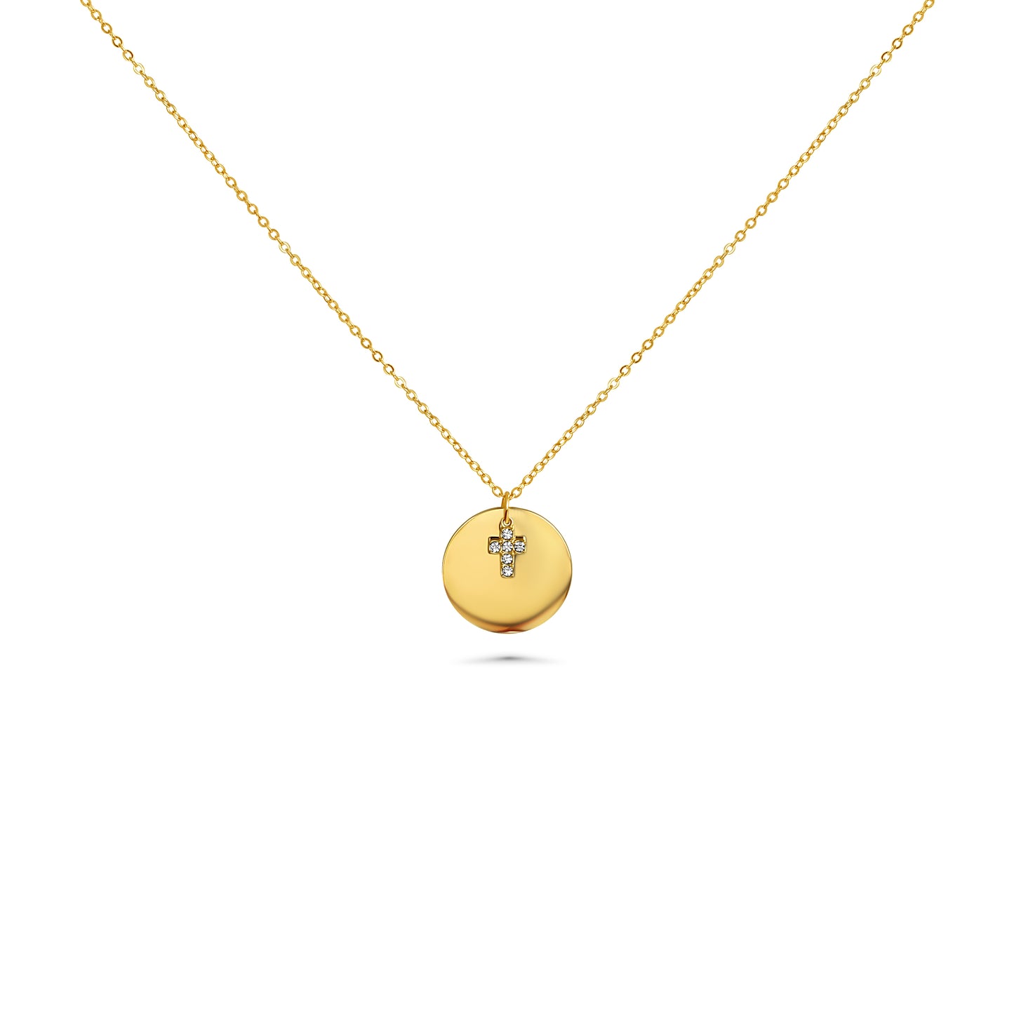 Engraved necklace with round cross rhinestones pendant