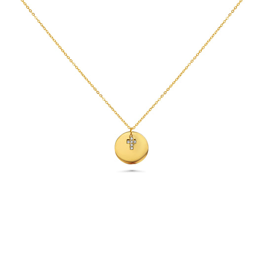Engraved necklace with round cross rhinestones pendant