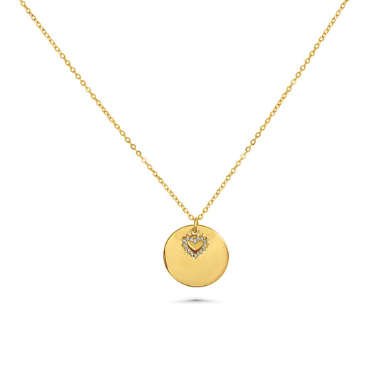Engraved necklace with round charm and rhinestone heart