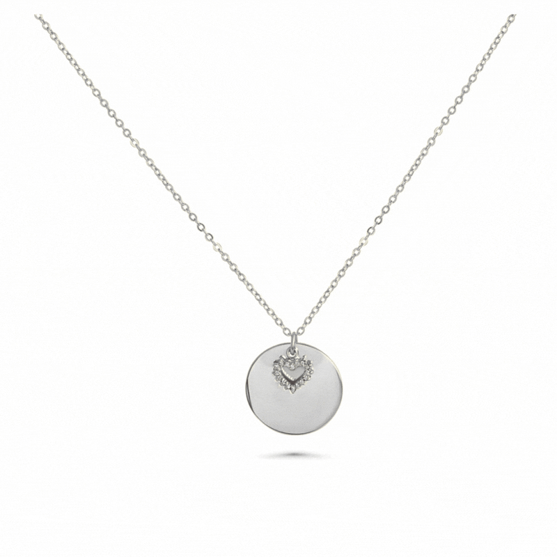Engraved necklace with round charm and rhinestone heart