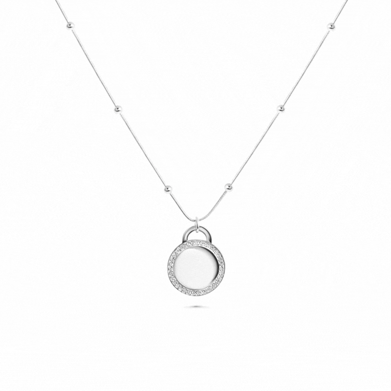 Engraved necklace with round rhinestone charm
