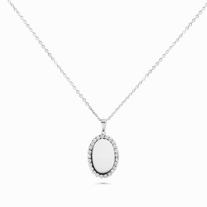 Engraved necklace with oval pendant rhinestones